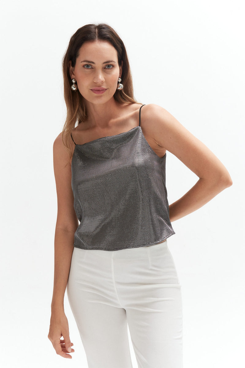 Musculosa gris de lino con escote en V y tirantes finos